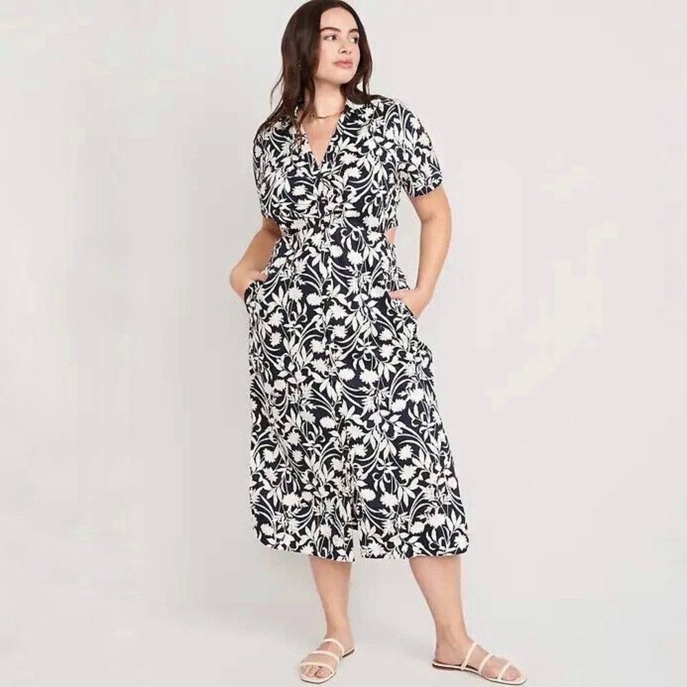 Old Navy | Cut Out Midi Shirt‎ Dress Navy White Floral Cotton Button Front 3X